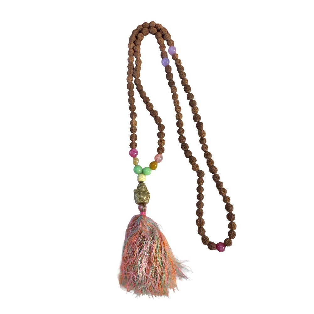 Boho Rudraksha Seed Mala Necklace Laughing Buddha Tassel Gemstone Beads VTG Yoga